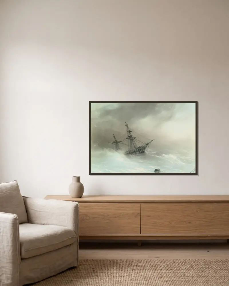 Fartyg i stormigt hav av Ivan Konstantinovich Aivazovsky inramad på en vägg