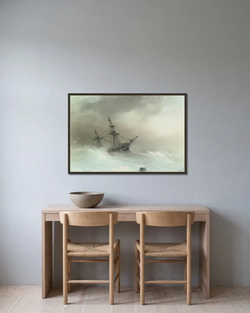 Fartyg i stormigt hav av Ivan Konstantinovich Aivazovsky inramad på en vägg