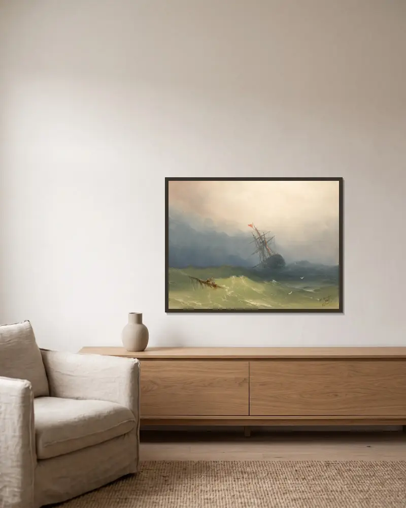 Sinkendes Schiff in stürmischen Gewässern von Ivan Konstantinovich Aivazovsky gerahmt an einer Wand