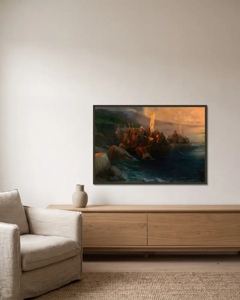 Christofer Columbus landstigning med följeslagare i tre båtar, fredagen den 12 oktober 1492, vid soluppgången, på en amerikansk ö som han samma dag gav namnet San Salvador av Ivan Konstantinovich Aivazovsky inramad på en vägg
