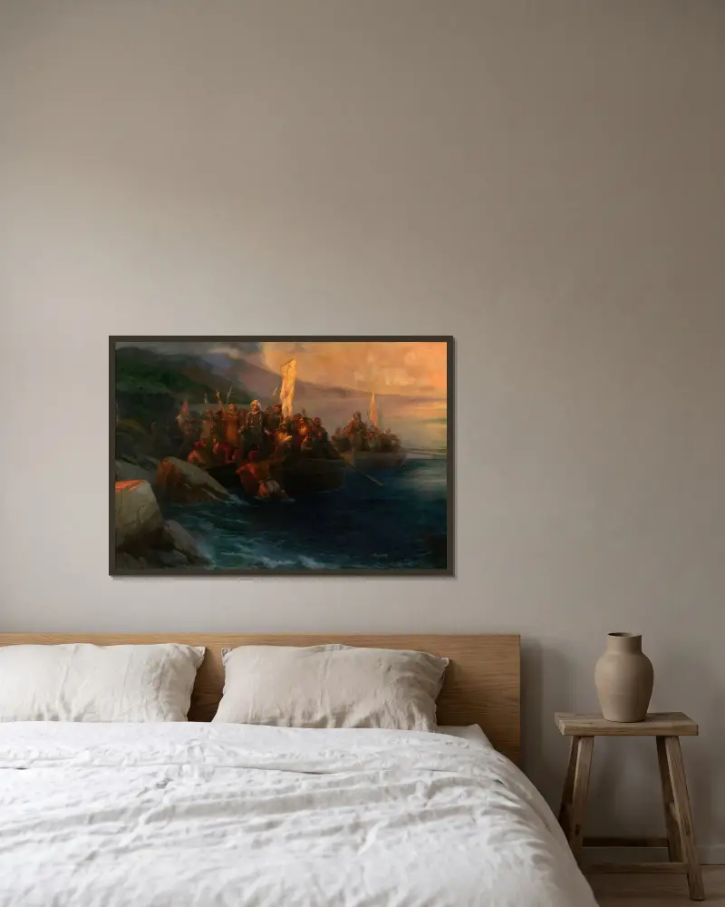 Christofer Columbus landstigning med följeslagare i tre båtar, fredagen den 12 oktober 1492, vid soluppgången, på en amerikansk ö som han samma dag gav namnet San Salvador av Ivan Konstantinovich Aivazovsky inramad på en vägg