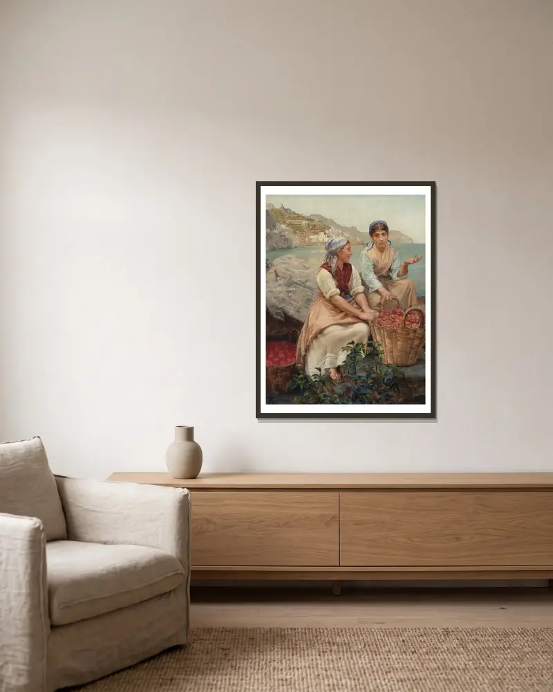 Italienische Mädchen mit Tomaten in Körben von Kristian Zahrtmann gerahmt an einer Wand