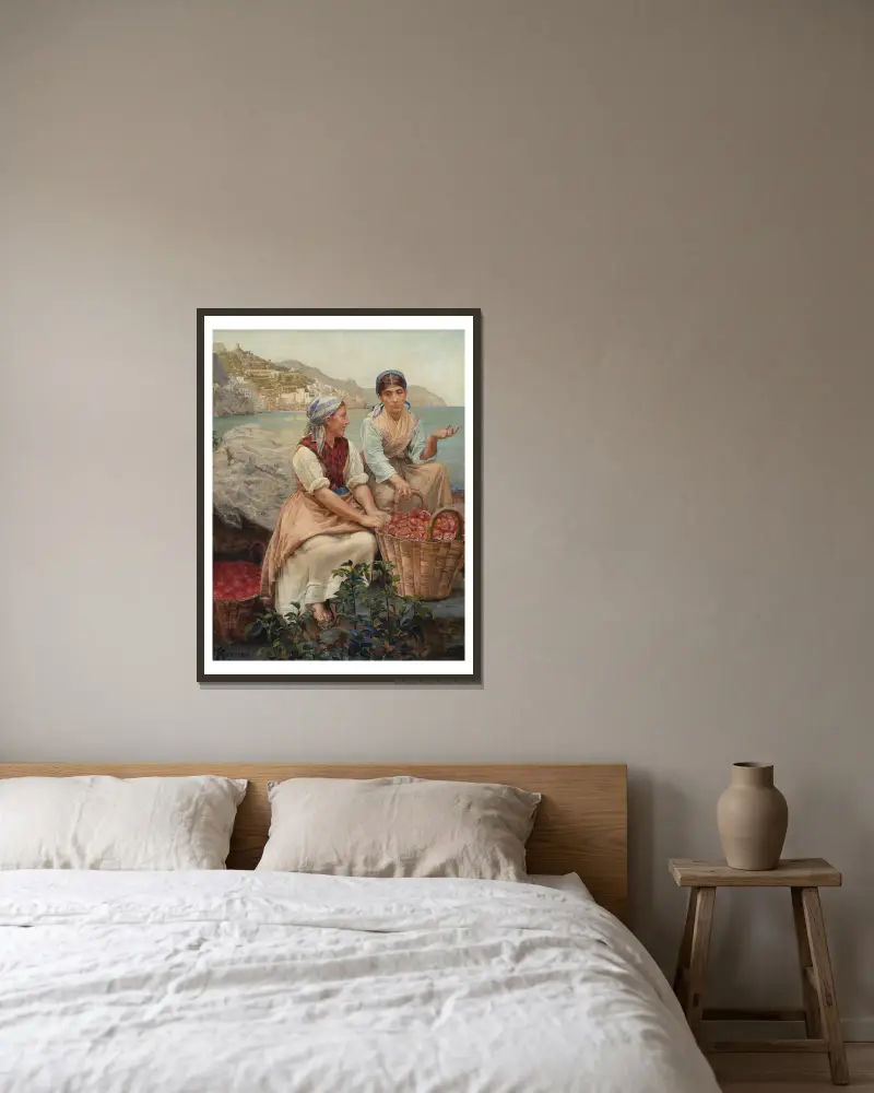 Italienische Mädchen mit Tomaten in Körben von Kristian Zahrtmann gerahmt an einer Wand