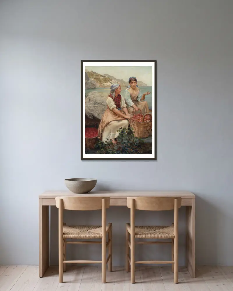 Italienische Mädchen mit Tomaten in Körben von Kristian Zahrtmann gerahmt an einer Wand