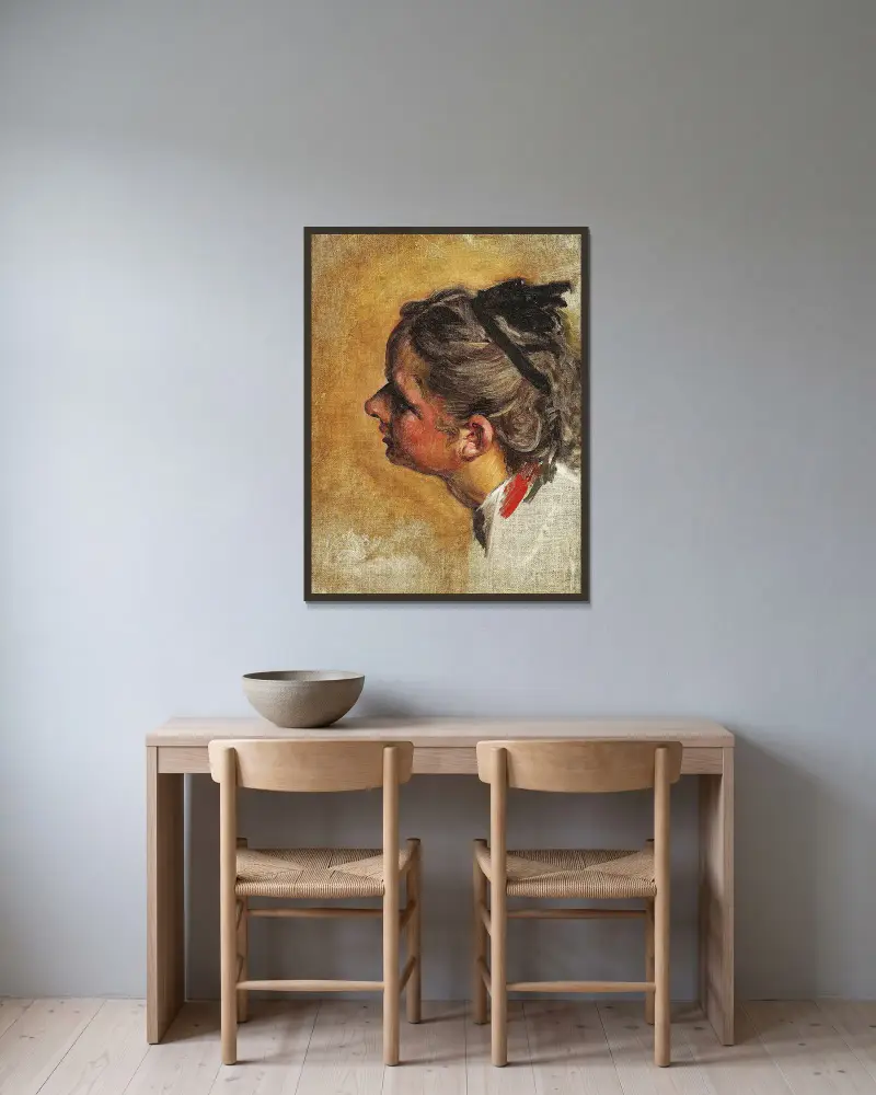 Studie i profil från vänster av en ung flicka till målningen Julie och amman av Kristian Zahrtmann inramad på en vägg