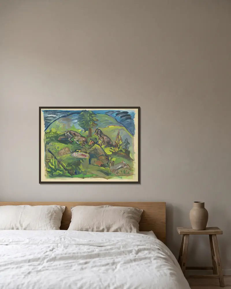 Hunting Motif av Arnold Peter Weisz-Kubínčan inramad på en vägg