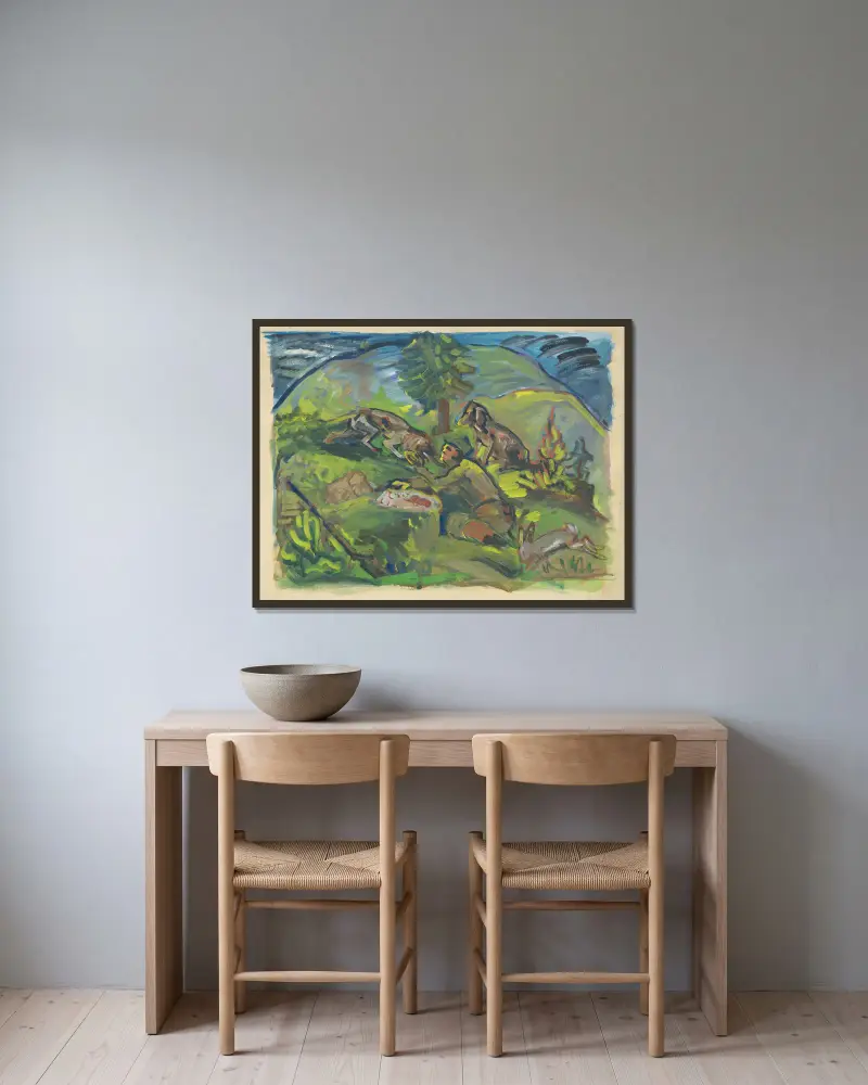 Hunting Motif av Arnold Peter Weisz-Kubínčan inramad på en vägg