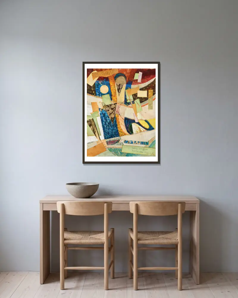 c 71 fallende Papierstücke von Kurt Schwitters gerahmt an einer Wand