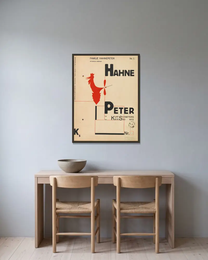 Hahne Peter, 1924 – nr 1 av Kurt Schwitters inramad på en vägg