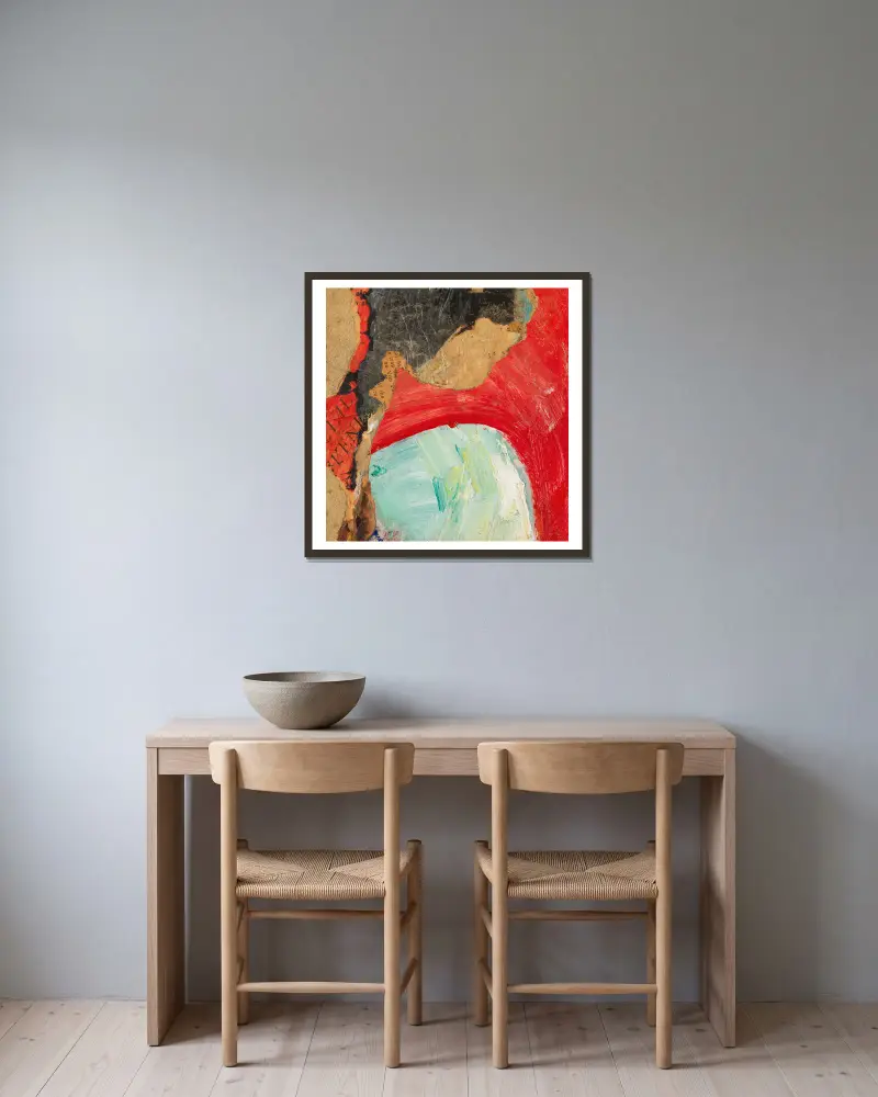 Utan titel (VENI). Merz-teckning av Kurt Schwitters inramad på en vägg