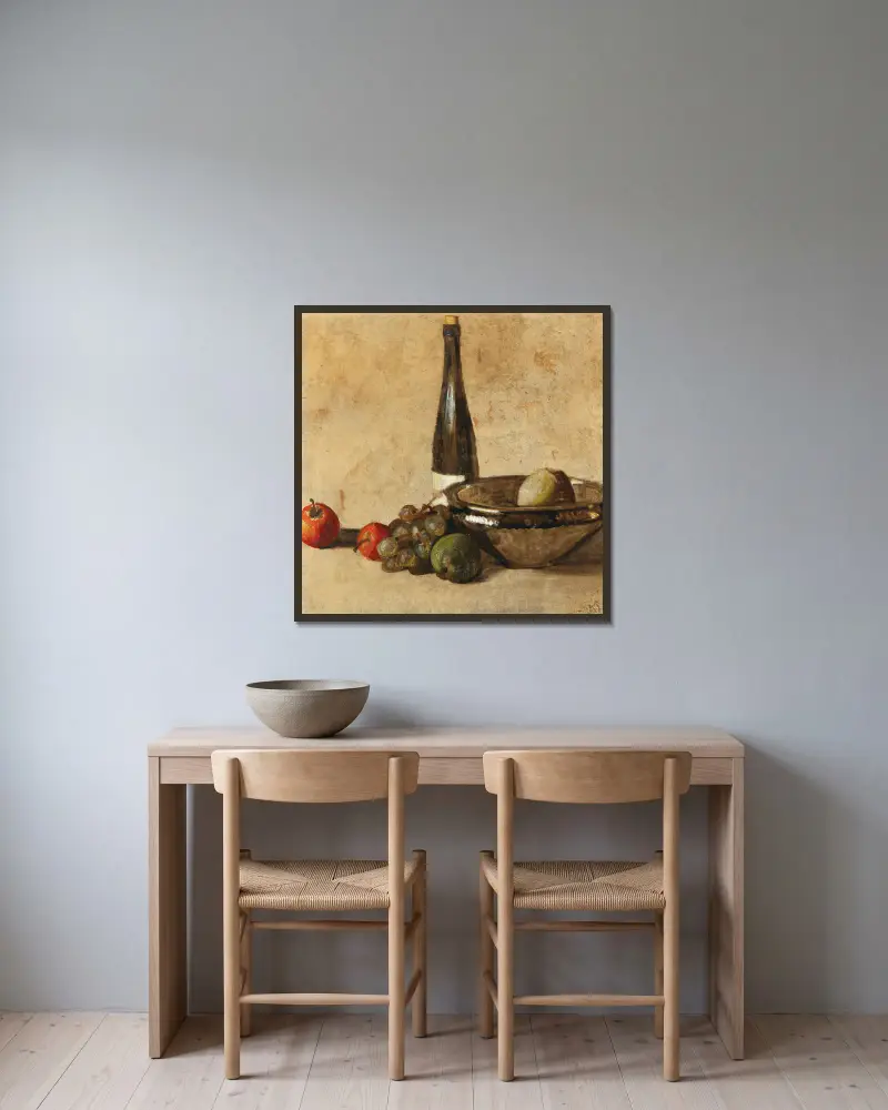 Stilleben mit Weinflasche und Früchten von Kurt Schwitters gerahmt an einer Wand