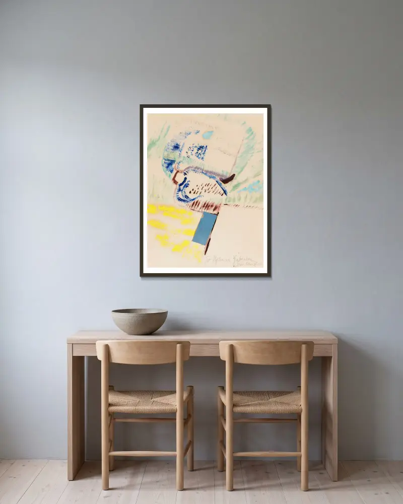 Till Hjalmar Gabrielson. Merz-teckning av Kurt Schwitters inramad på en vägg