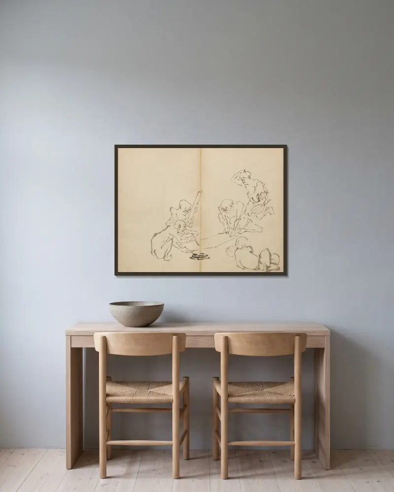 Kaligrafie v horku, Kawanabe Kyōsai v rámu na stěně