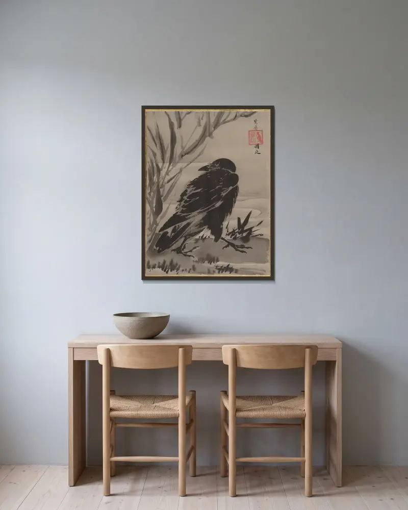 Vrána a rákosí u potoka, Kawanabe Kyōsai v rámu na stěně