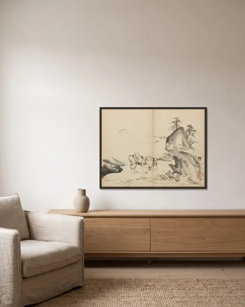 Lyckogudar vid berget Penglai av Kawanabe Kyōsai inramad på en vägg