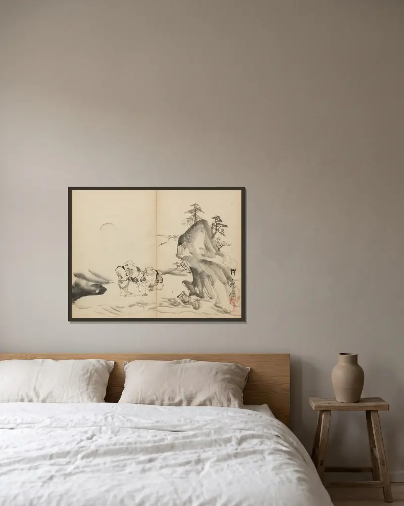 Lyckogudar vid berget Penglai av Kawanabe Kyōsai inramad på en vägg