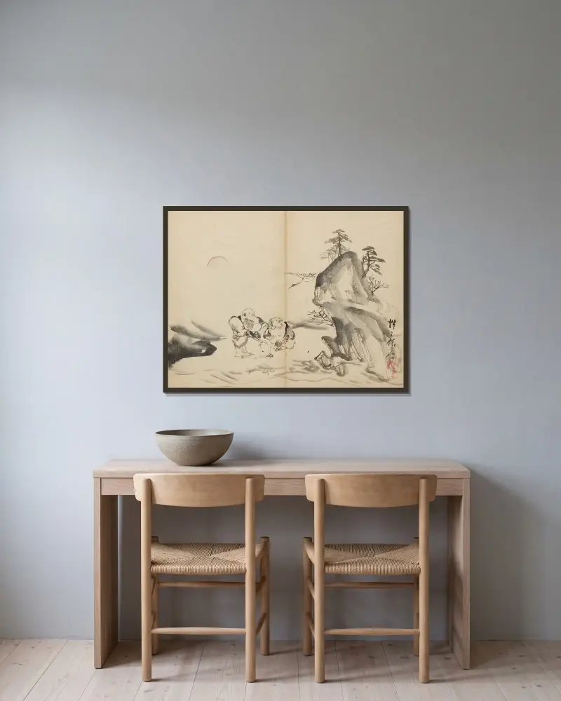 Lyckogudar vid berget Penglai av Kawanabe Kyōsai inramad på en vägg