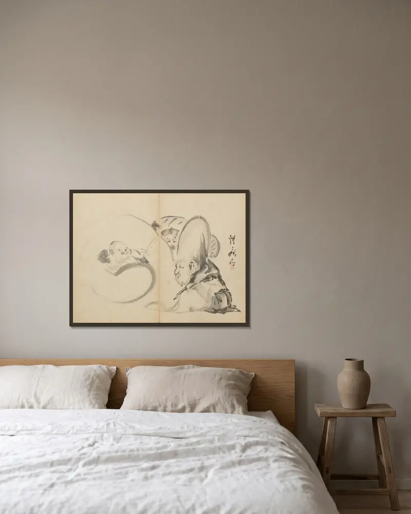 Lyckogudar av Kawanabe Kyōsai inramad på en vägg