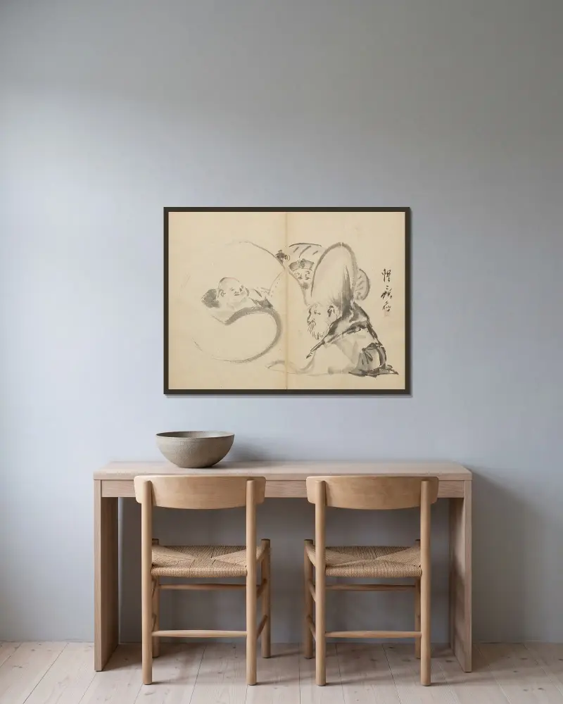 Lyckogudar av Kawanabe Kyōsai inramad på en vägg