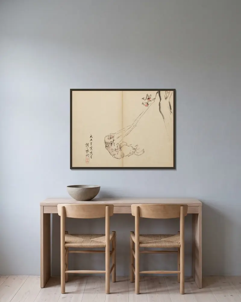 Długoręcy zrywający owoc, Kawanabe Kyōsai w ramie na ścianie