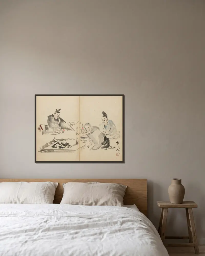 Mniši při kaligrafii, Kawanabe Kyōsai v rámu na stěně