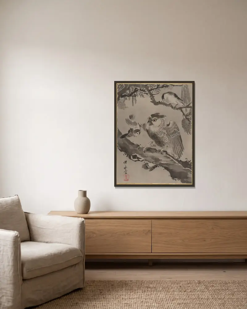Eule, von kleinen Vögeln verspottet von Kawanabe Kyōsai gerahmt an einer Wand