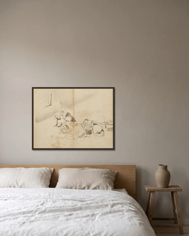 Ludzie jedzący i czytający, Kawanabe Kyōsai w ramie na ścianie