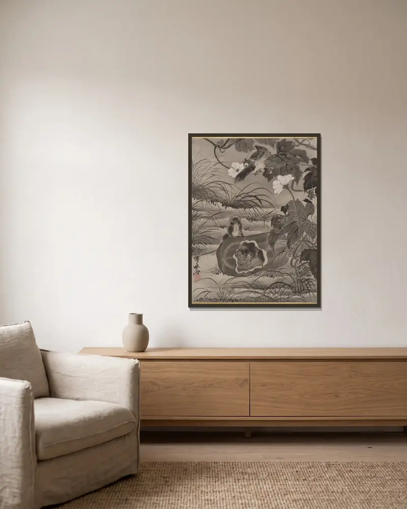 Ratten und Kalebasse von Kawanabe Kyōsai gerahmt an einer Wand