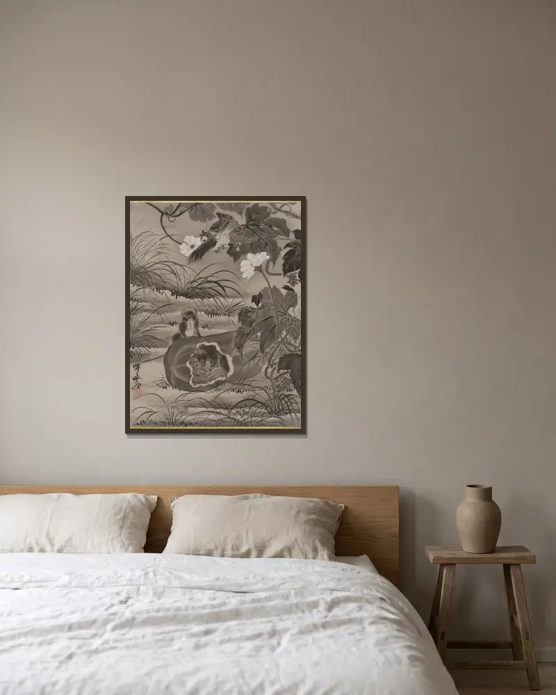 Ratten und Kalebasse von Kawanabe Kyōsai gerahmt an einer Wand