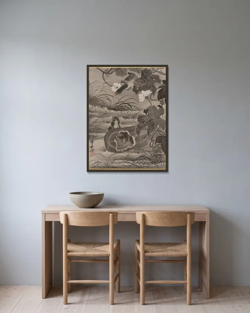 Ratten und Kalebasse von Kawanabe Kyōsai gerahmt an einer Wand