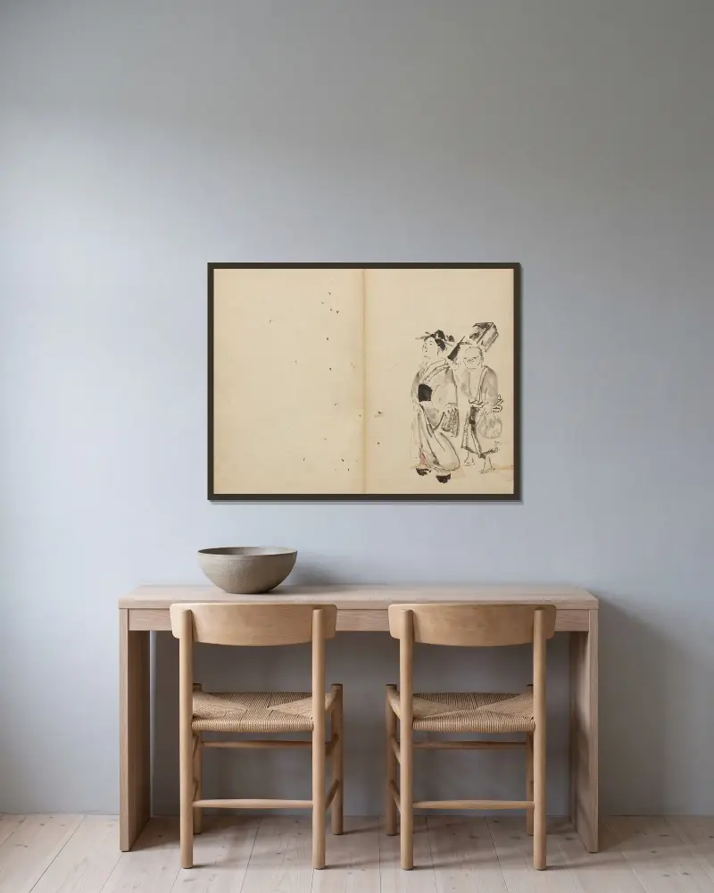 Žena a sluha, Kawanabe Kyōsai v rámu na stěně