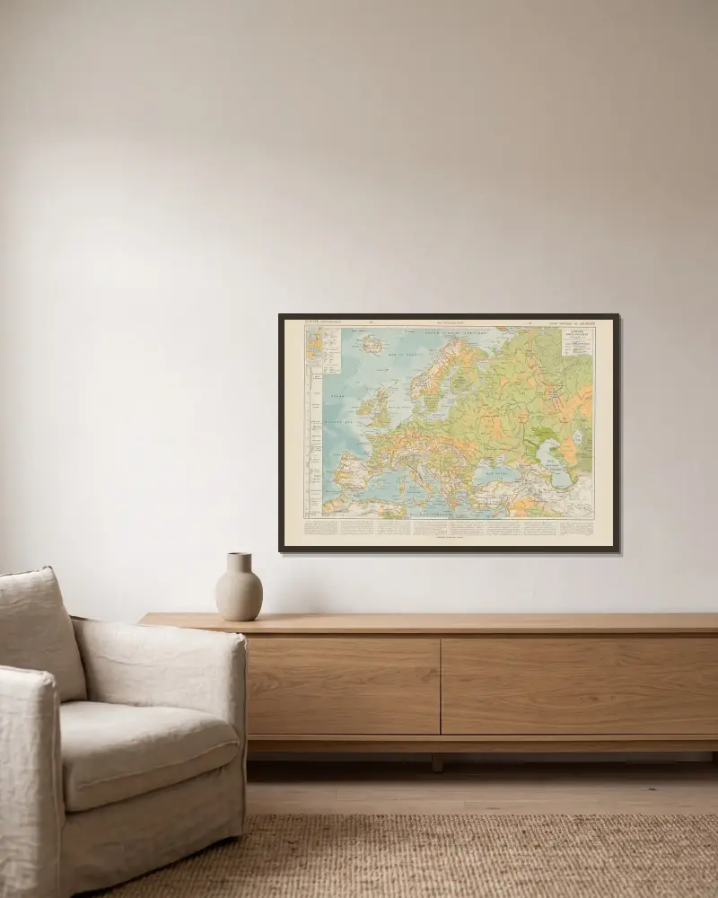 Carte Physique de l’Europe av Paul Vidal de La Blache inramad på en vägg