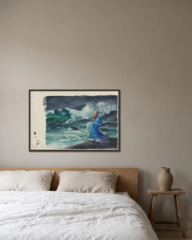 Ein Rishi, der einen Sturm heraufbeschwört von John La Farge gerahmt an einer Wand