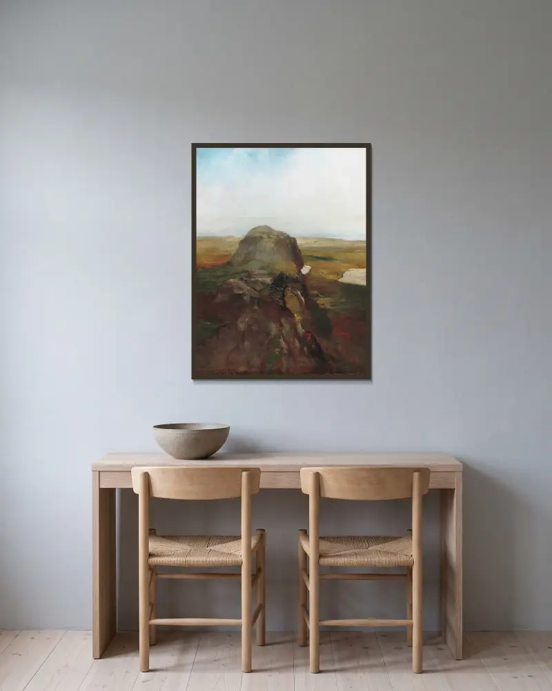 Höststudie, utsikt över Hanging Rock, Newport, R.I. av John La Farge inramad på en vägg
