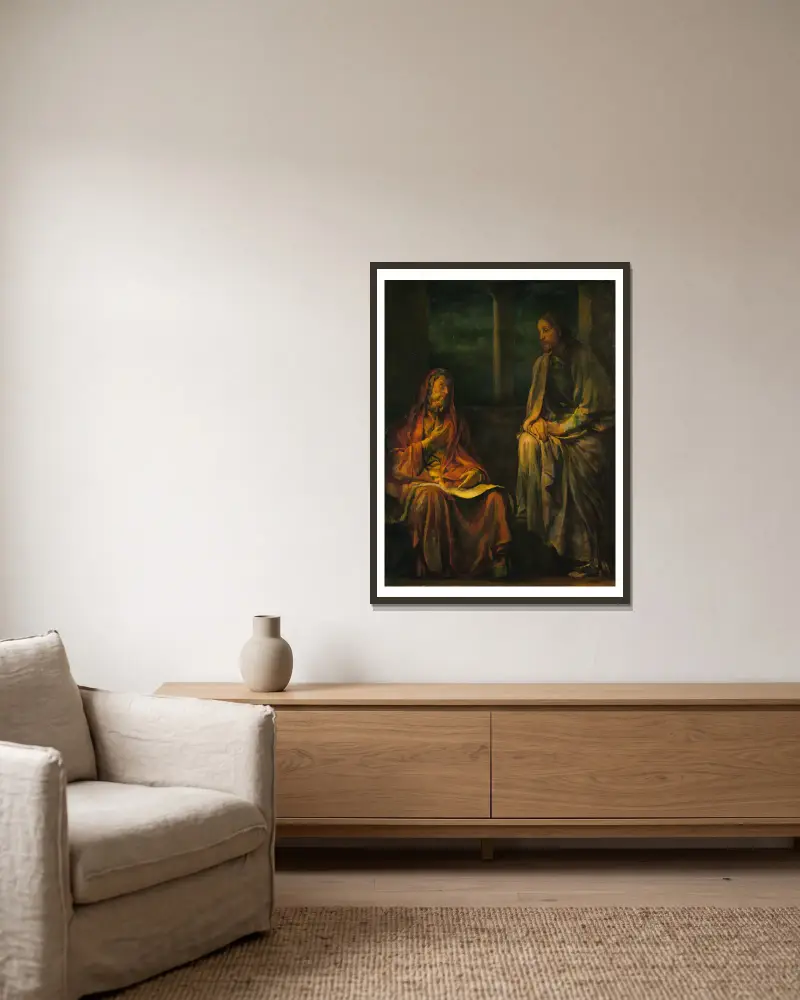 Nikodemus besöker Kristus av John La Farge inramad på en vägg