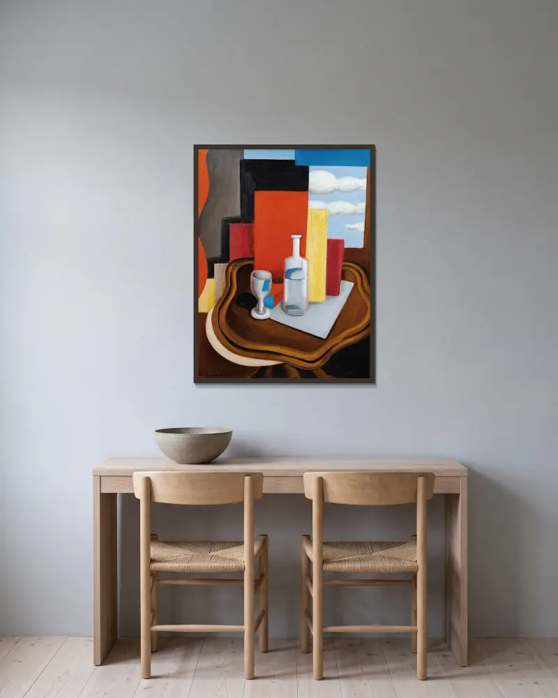 Louis-Philippe-bordet med flaska och glas av Roger de La Fresnaye inramad på en vägg