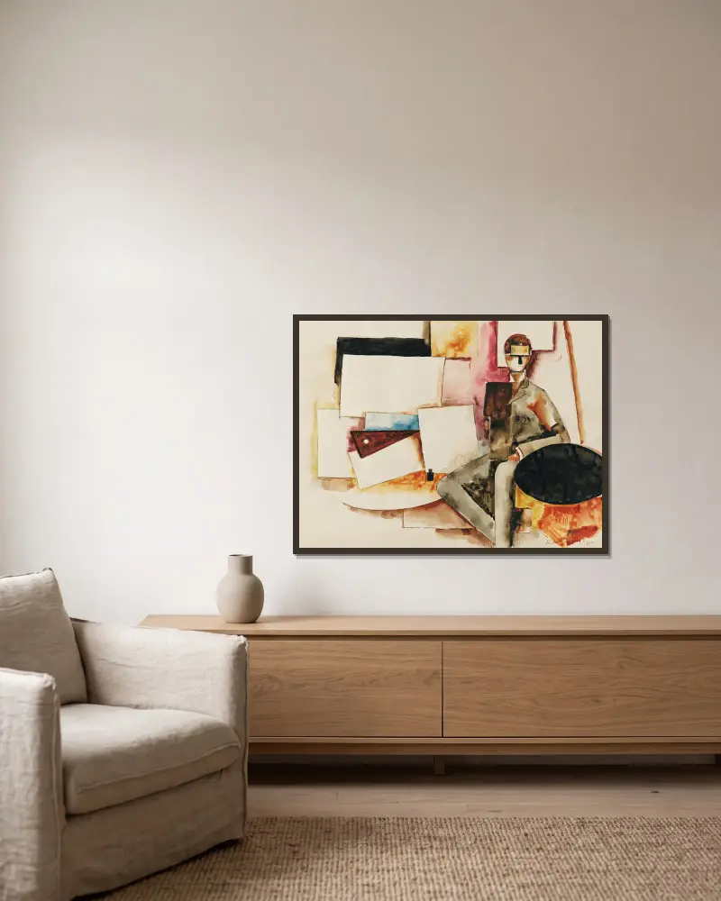 Studie für; Der sitzende Mann von Roger de La Fresnaye gerahmt an einer Wand