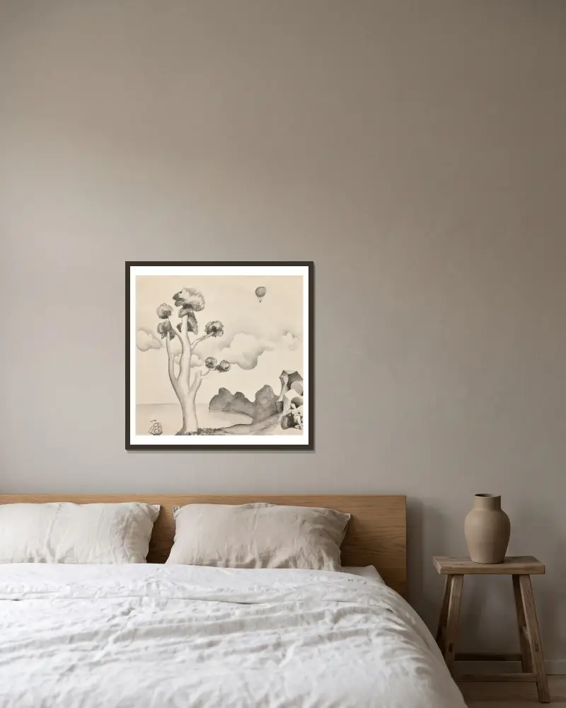 Figur med båt och ballong av Roger de La Fresnaye inramad på en vägg