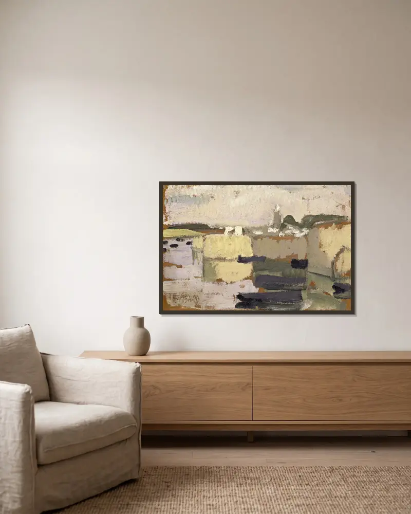 Village at the Water’s Edge av Roger de La Fresnaye inramad på en vägg