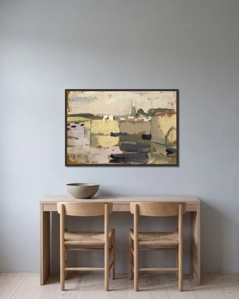 Village at the Water’s Edge av Roger de La Fresnaye inramad på en vägg