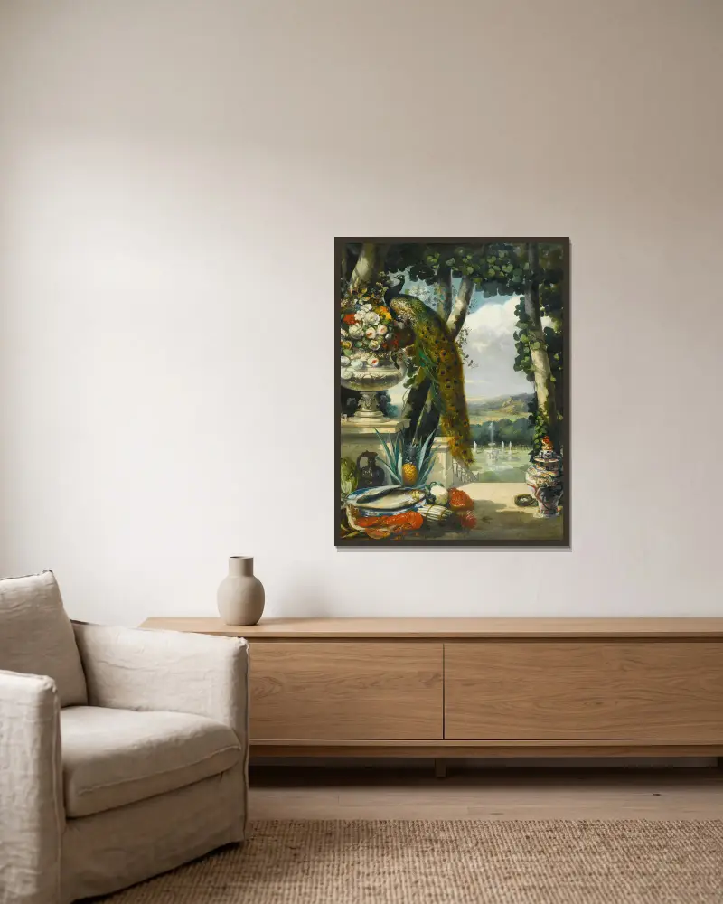 Stillleben mit Pfau, Blumen, Früchten und japanischer Vase, dahinter eine weite Parklandschaft von Narcisse-Virgile Diaz de La Peña gerahmt an einer Wand