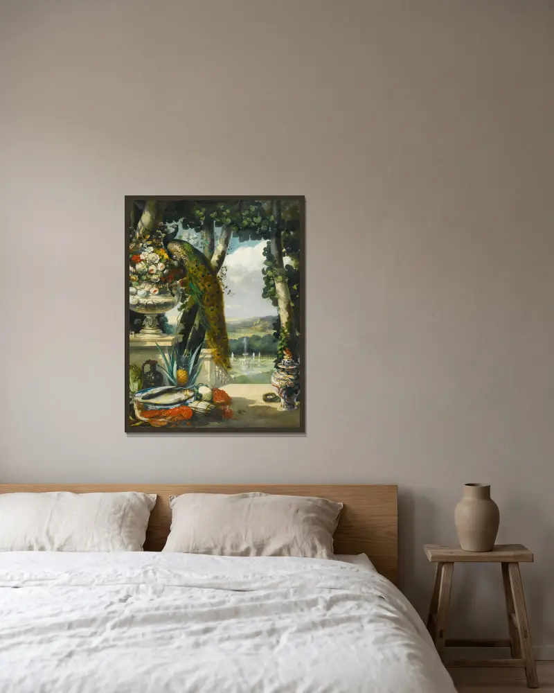 Stillleben mit Pfau, Blumen, Früchten und japanischer Vase, dahinter eine weite Parklandschaft von Narcisse-Virgile Diaz de La Peña gerahmt an einer Wand