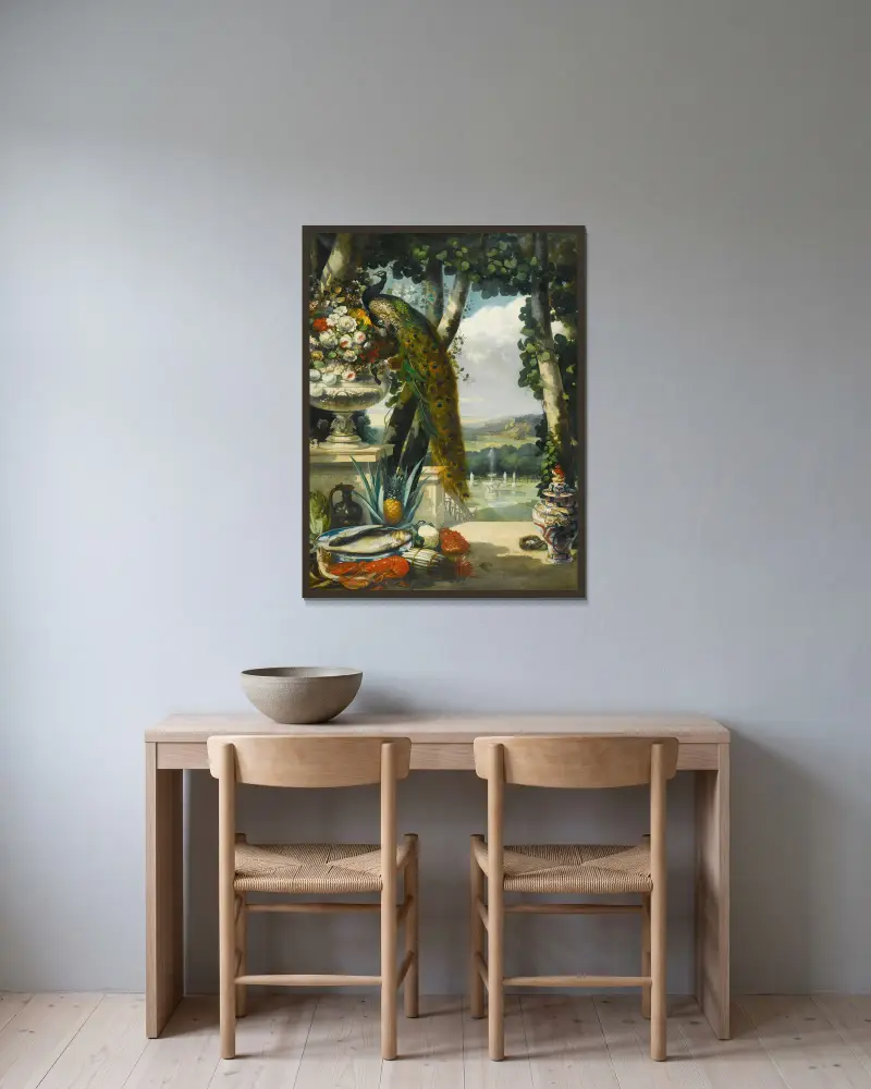 Stillleben mit Pfau, Blumen, Früchten und japanischer Vase, dahinter eine weite Parklandschaft von Narcisse-Virgile Diaz de La Peña gerahmt an einer Wand