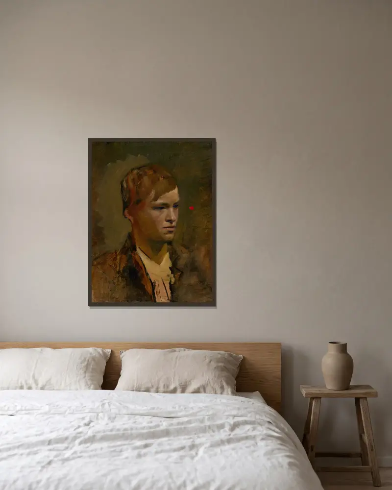 Ljuslockig pojke med röd punkt i bakgrunden av Ladislav Mednyánszky inramad på en vägg