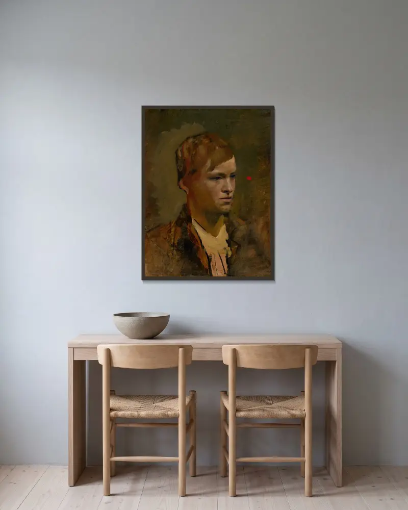 Ljuslockig pojke med röd punkt i bakgrunden av Ladislav Mednyánszky inramad på en vägg