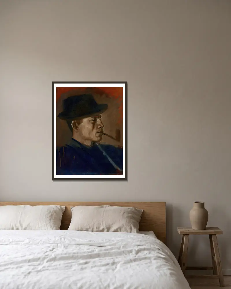 Man i blått rökande av Ladislav Mednyánszky inramad på en vägg