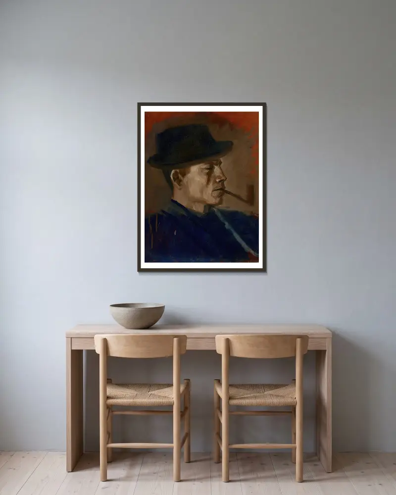 Man i blått rökande av Ladislav Mednyánszky inramad på en vägg