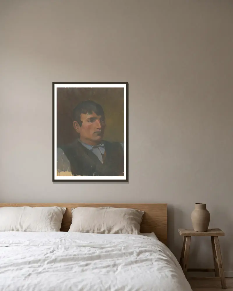 Studie av en ung man i mörk väst av Ladislav Mednyánszky inramad på en vägg