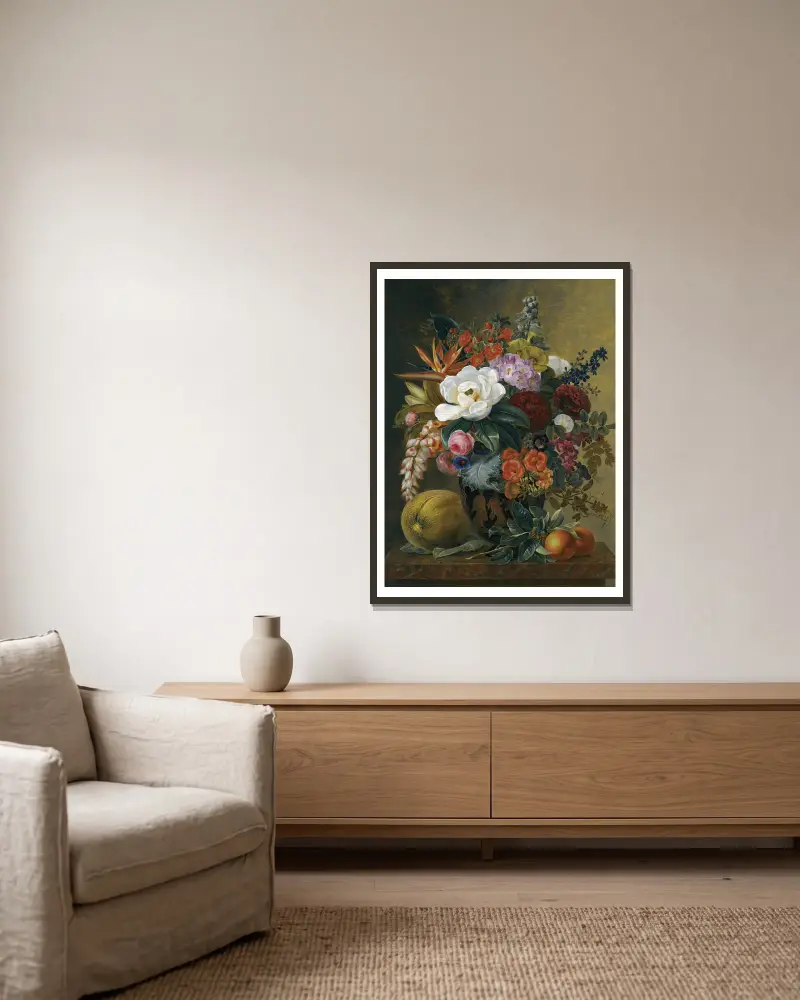Exotiska blommor i en grekisk krater med frukt på en marmorhylla av Johan Laurentz Jensen inramad på en vägg
