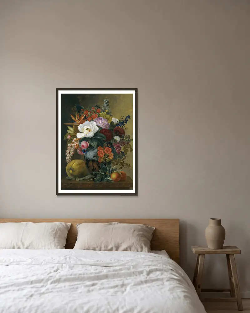 Exotiska blommor i en grekisk krater med frukt på en marmorhylla av Johan Laurentz Jensen inramad på en vägg
